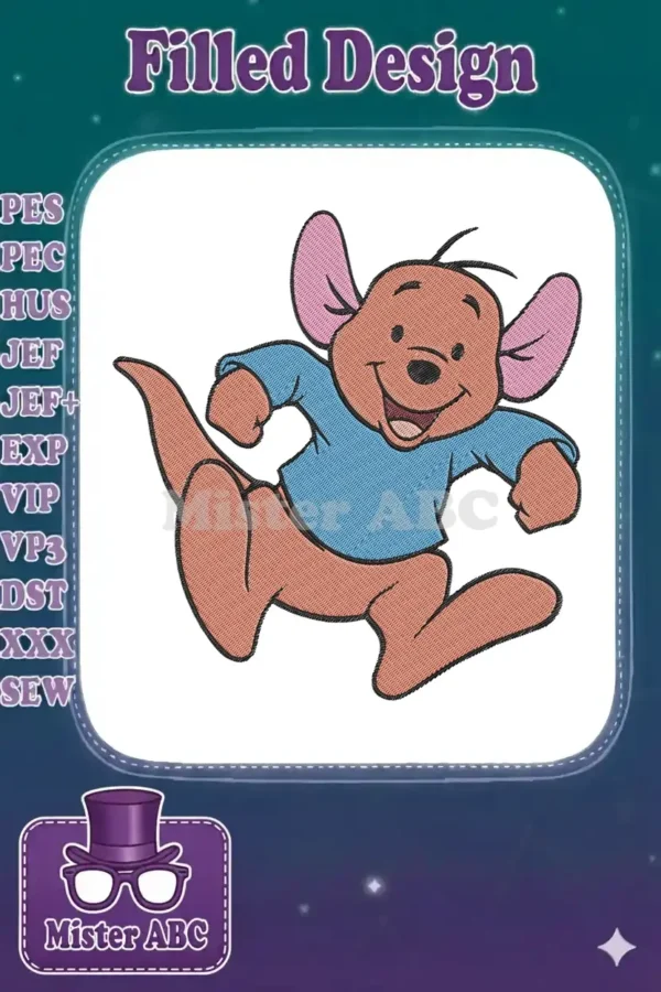 Roo from Winnie the Pooh, a brown kangaroo joey, in a blue shirt, happily jumping with a wide smile.