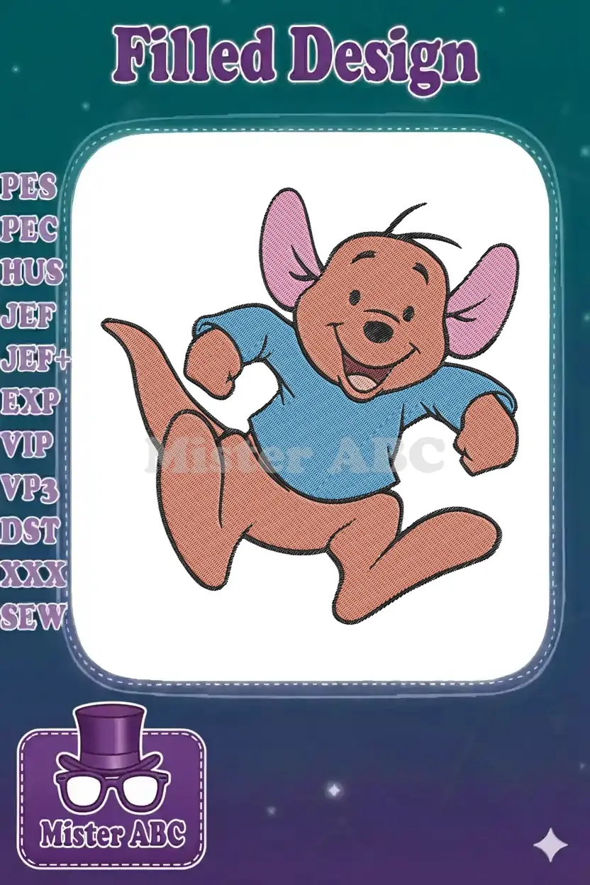 Roo from Winnie the Pooh, a brown kangaroo joey, in a blue shirt, happily jumping with a wide smile.