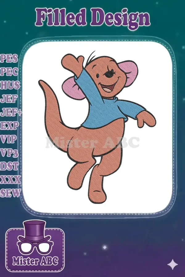 A vibrant embroidery design of Kanga from Winnie the Pooh, joyfully waving, showcasing detailed stitching.
