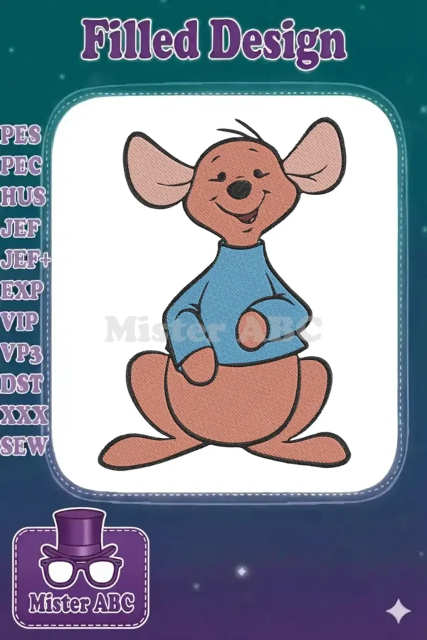 A vibrant machine embroidery design of Roo from Winnie the Pooh, sitting with a cheerful expression in a blue shirt.