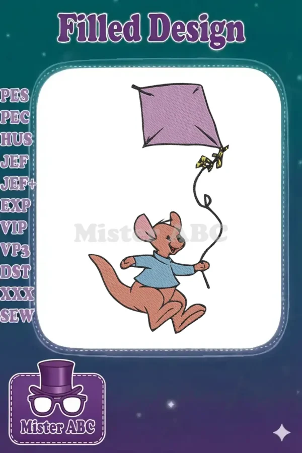 Roo from Winnie the Pooh, a small kangaroo, running happily while flying a purple kite against a white background.