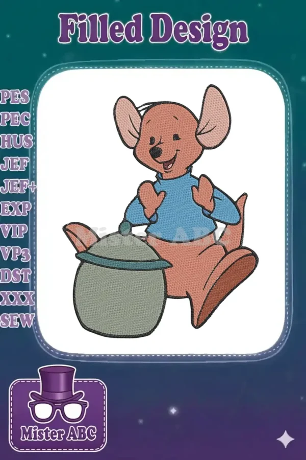 A vibrant embroidery design of Roo from Winnie the Pooh, a brown kangaroo joey, happily sitting beside a green pot.