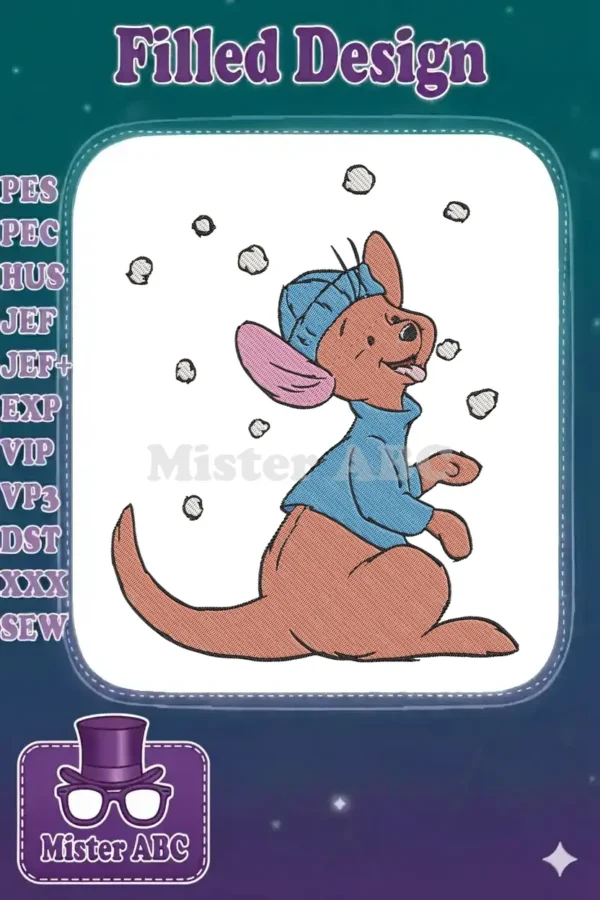 Roo from Winnie the Pooh in a blue hat and sweater, looking up at falling snowflakes, an adorable winter embroidery.