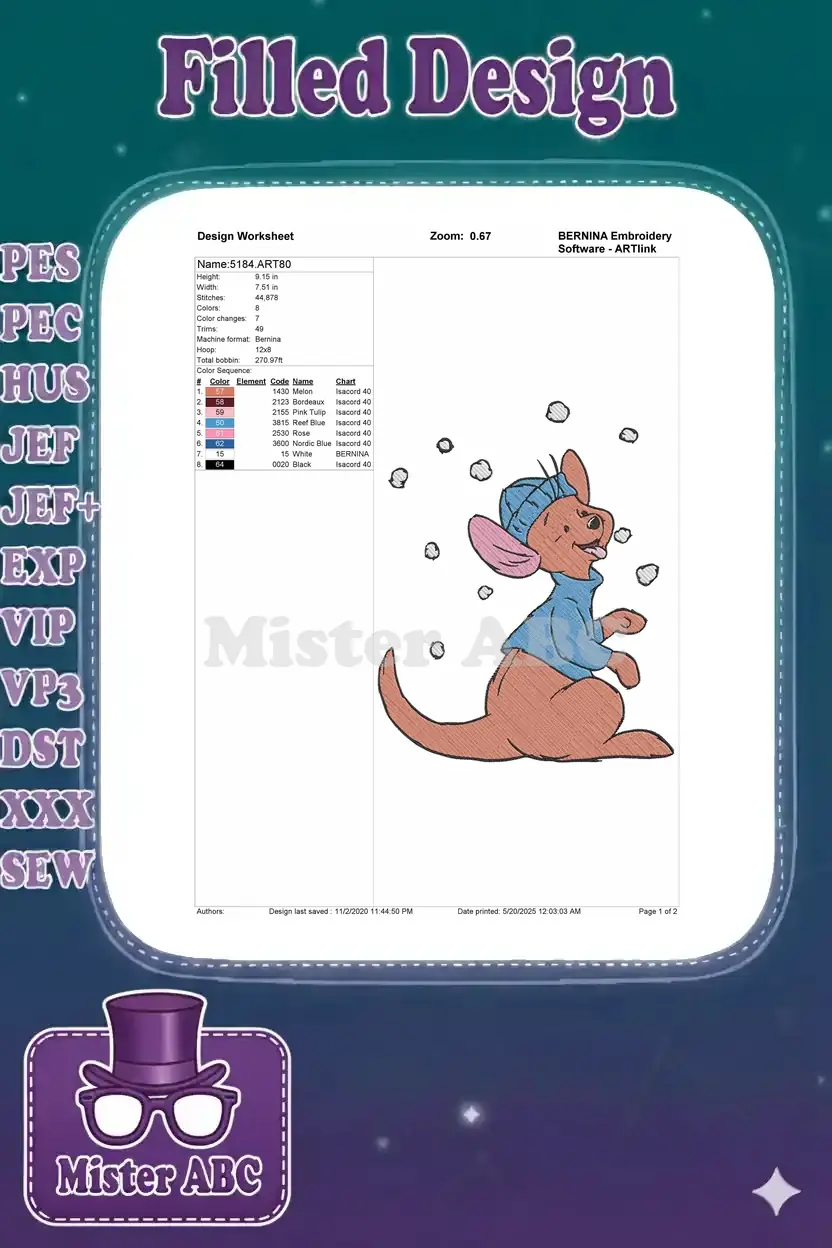 Embroidery design worksheet for Roo in winter, showing dimensions, stitch count, color sequence, and machine info.