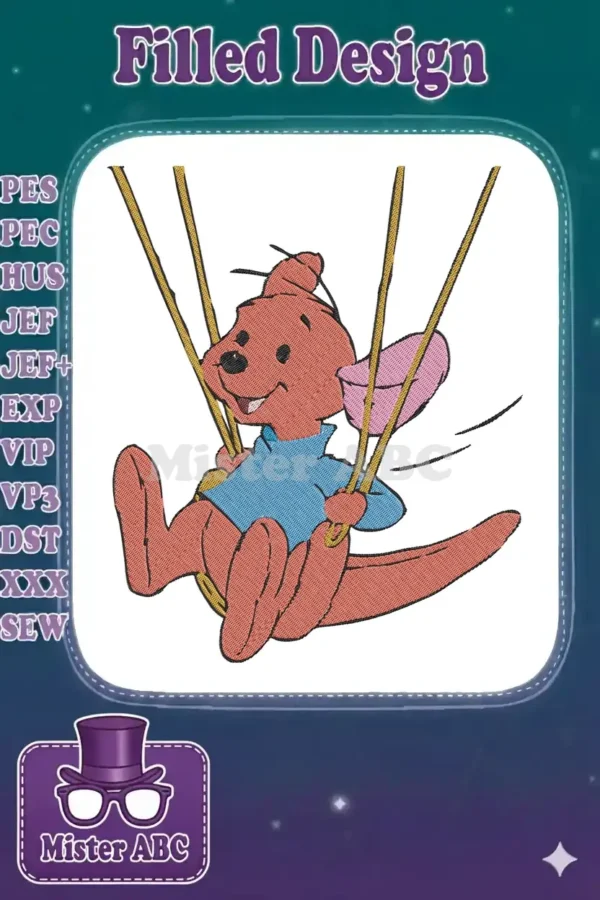 Close-up of Kanga from Winnie the Pooh, happily swinging, showcasing vibrant full-stitch embroidery details.
