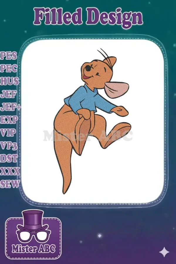 A charming embroidery design of a happy, leaping kangaroo character wearing a blue long-sleeved shirt, on a white background.