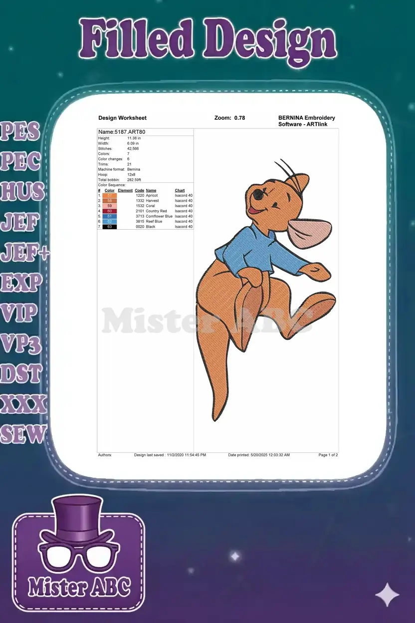 An embroidery design worksheet detailing the kangaroo design's specifications, including size, stitches, and color chart.