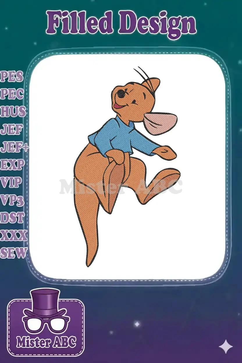 A charming embroidery design of a happy, leaping kangaroo character wearing a blue long-sleeved shirt, on a white background.