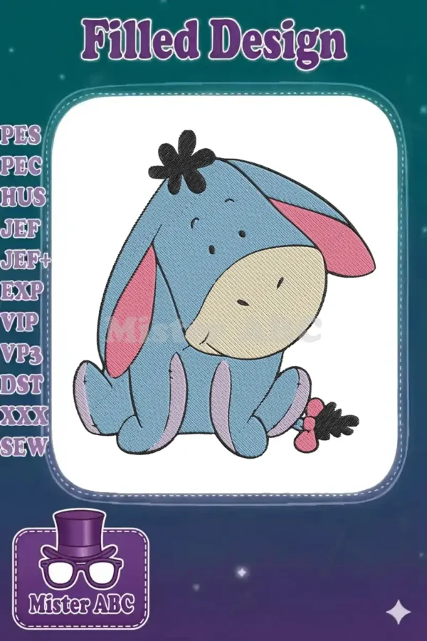 A charming digital embroidery design featuring a seated Eeyore from Winnie the Pooh, rendered in classic colors.