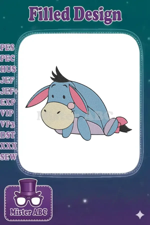 A charming Eeyore embroidery design, featuring the beloved donkey sitting with his characteristic melancholic expression.