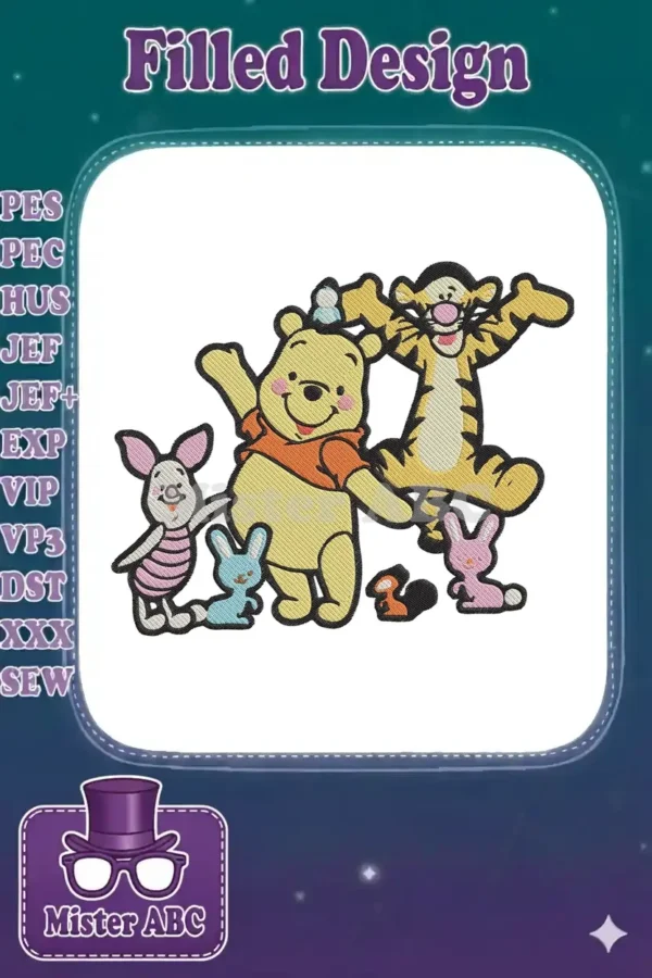 Close-up of a vibrant embroidery design featuring Winnie the Pooh, Tigger, Piglet, and small friends on a white background.
