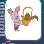Cute Piglet with Vegetable Basket Embroidery Designs for Kids - Instant Download