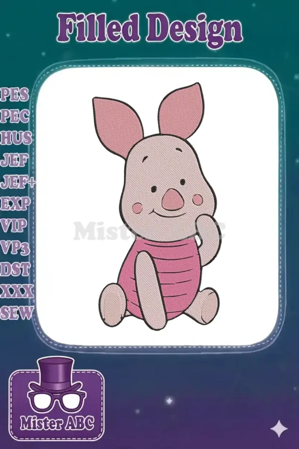 Delightful embroidery design of Piglet from Winnie the Pooh, featuring vibrant pink fill stitches and crisp black outlines.