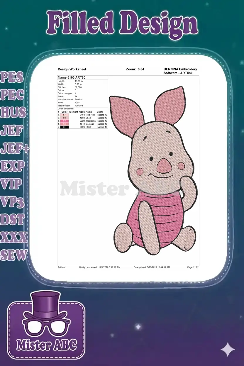 Detailed embroidery design worksheet for Piglet, showing dimensions, stitch count, color sequence, and machine format.