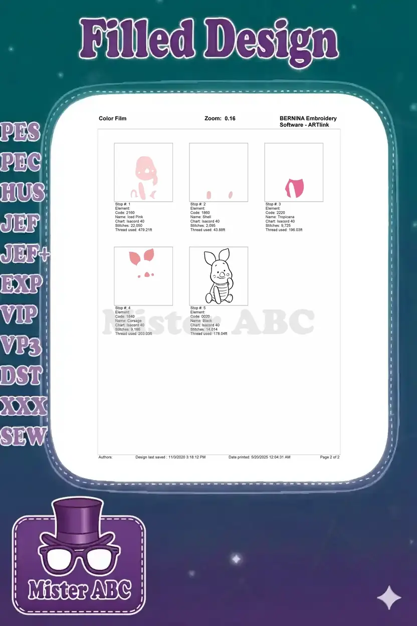 Color film sequence for the Piglet embroidery, illustrating the stitch order for each of the five distinct colors.