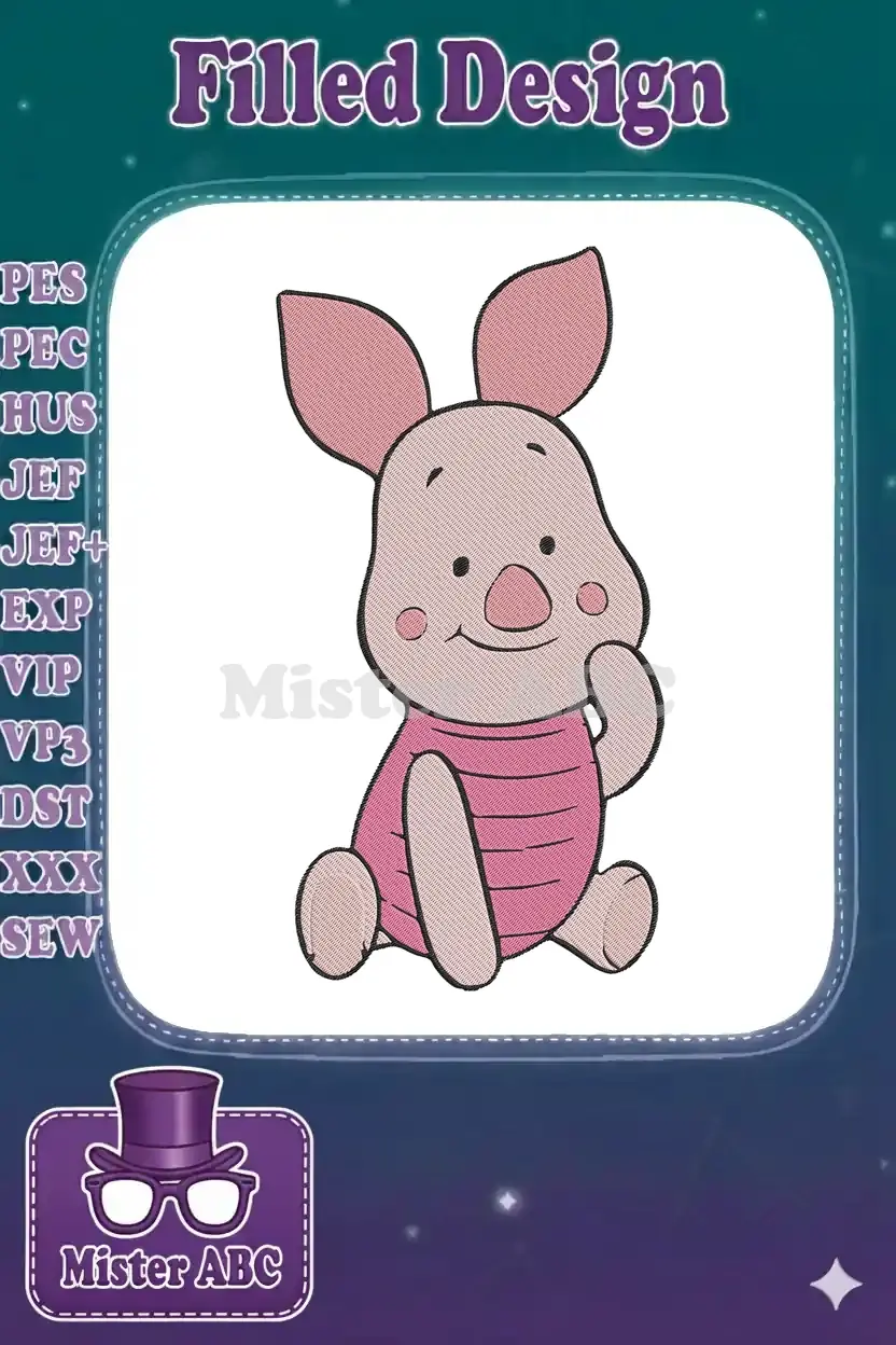 Delightful embroidery design of Piglet from Winnie the Pooh, featuring vibrant pink fill stitches and crisp black outlines.