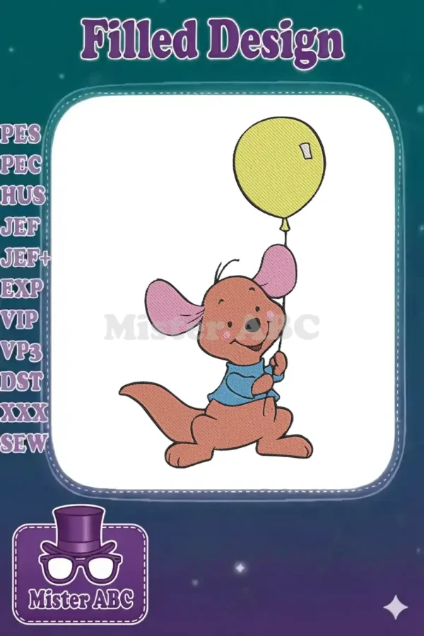 Embroidery design of Roo, the baby kangaroo from Winnie the Pooh, happily holding a bright yellow balloon.