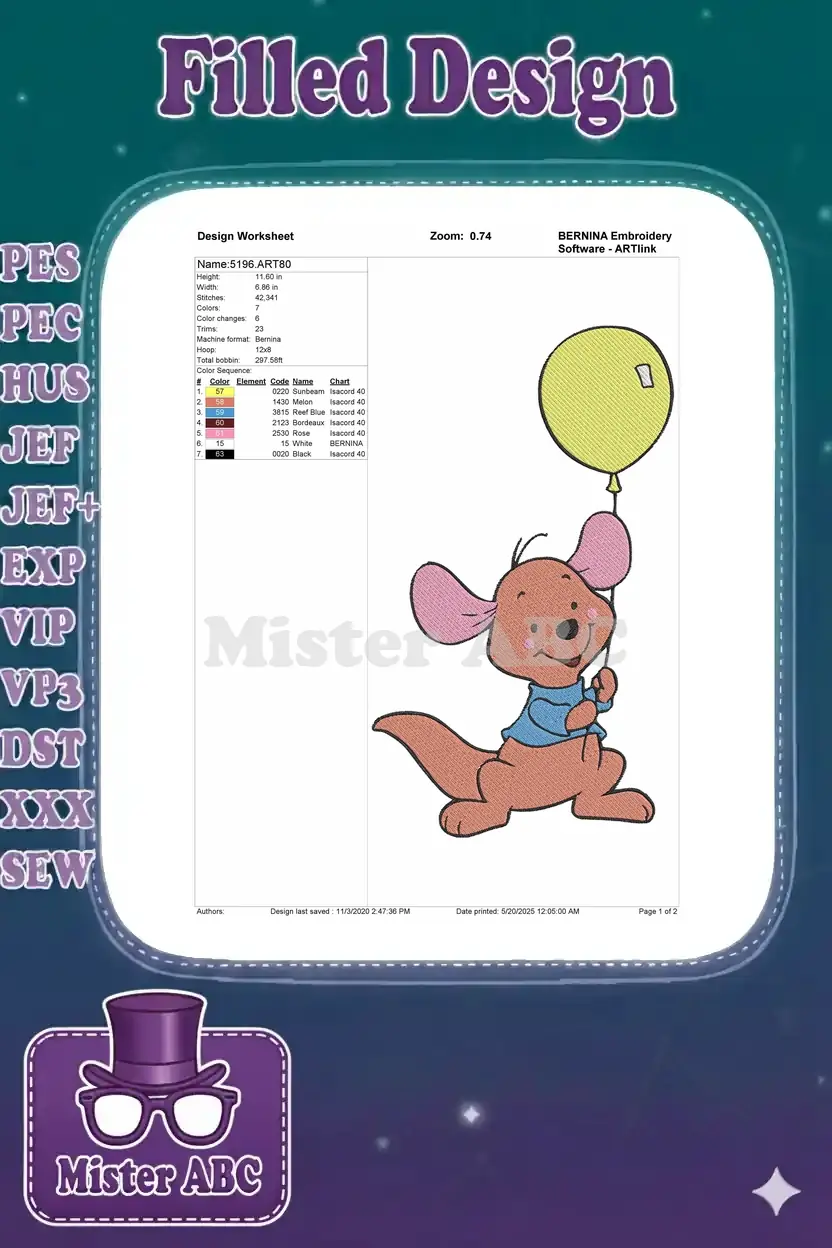 Embroidery design worksheet for Roo, detailing stitch count, dimensions, color sequence, and machine info.