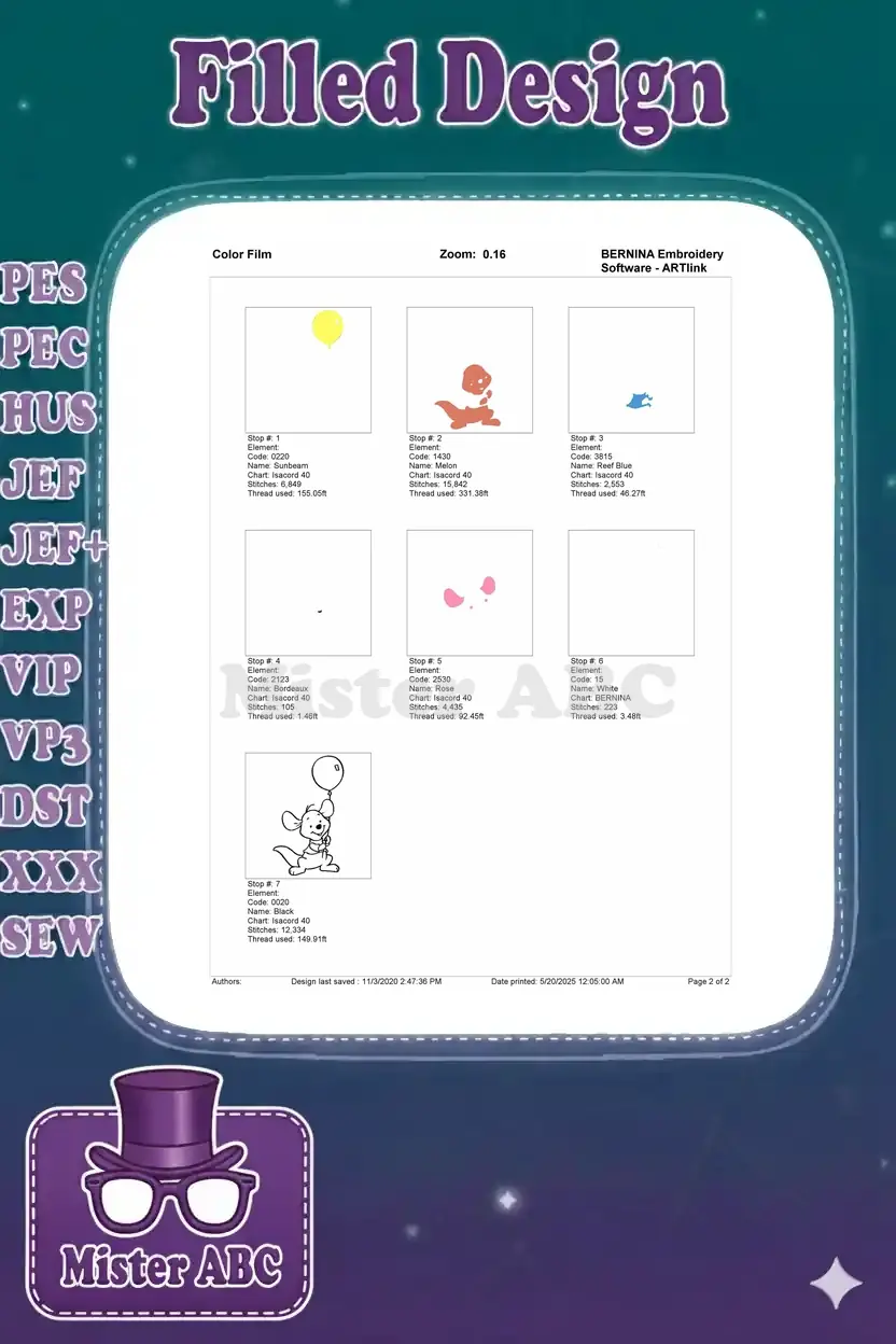 Color film breakdown for the Roo embroidery design, showing each stitch stop and thread usage.