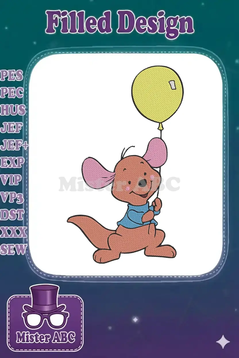 Embroidery design of Roo, the baby kangaroo from Winnie the Pooh, happily holding a bright yellow balloon.