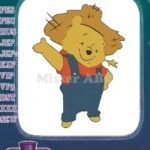 Friendly Winnie the Pooh scarecrow waving overalls straw hat embroidery designs - Instant Download