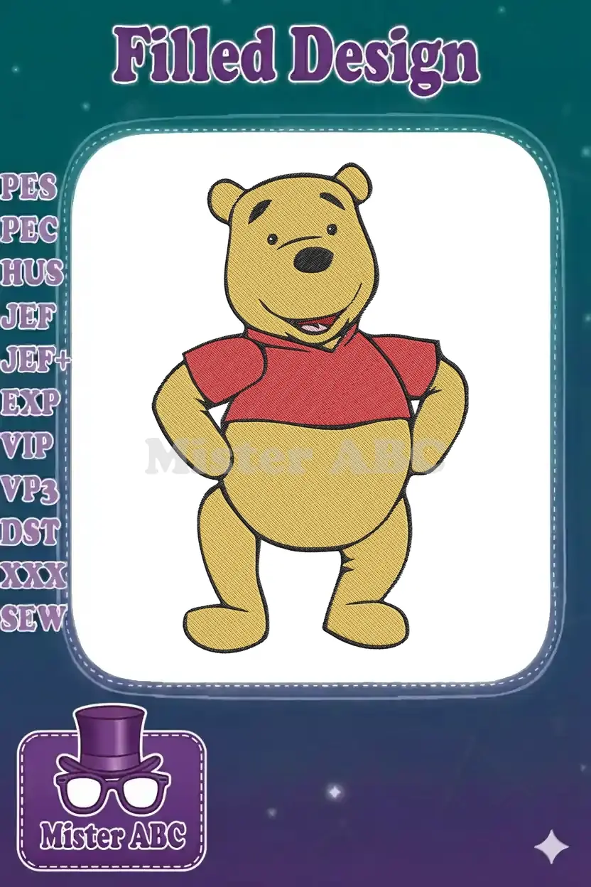 A charming embroidery design of Winnie the Pooh, standing cheerfully with hands on hips, featuring satin stitch details.