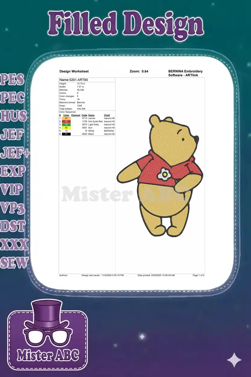 Embroidery design worksheet for Winnie the Pooh, showing dimensions, stitches, colors, and thread chart.