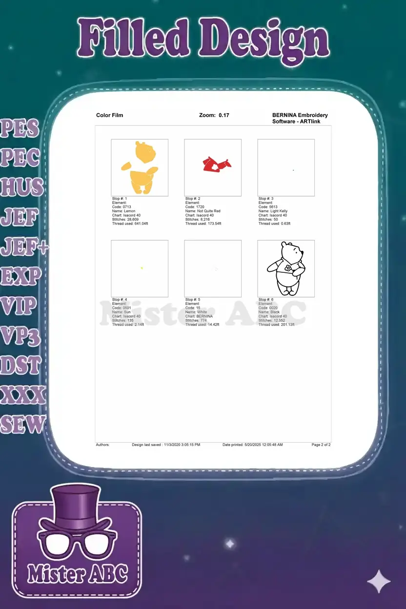 Color film breakdown for the Winnie the Pooh embroidery, showing stitch sequence by color element.