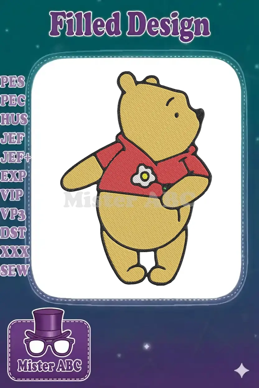 Winnie the Pooh embroidery design, featuring the beloved bear in his red shirt holding a white flower.
