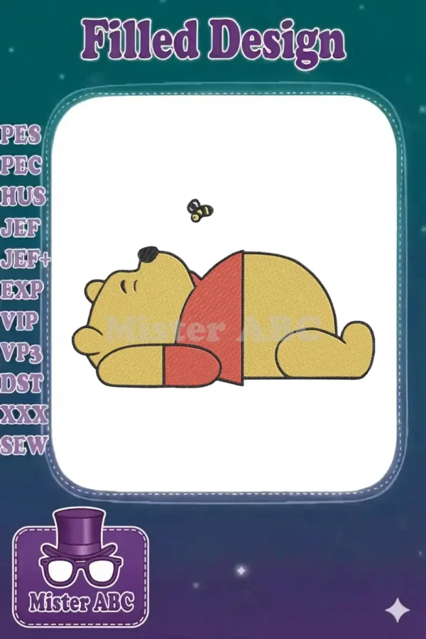 Close-up of a charming Winnie the Pooh embroidery design, showing him napping on his side with a bee overhead.