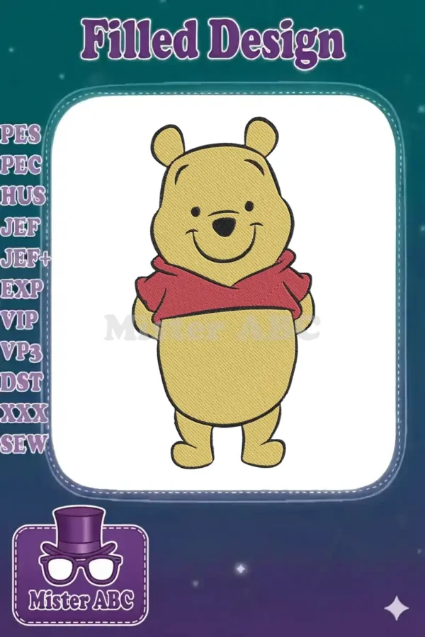 Full-body embroidery design of a smiling Winnie the Pooh in his iconic red shirt, ready to brighten any item.