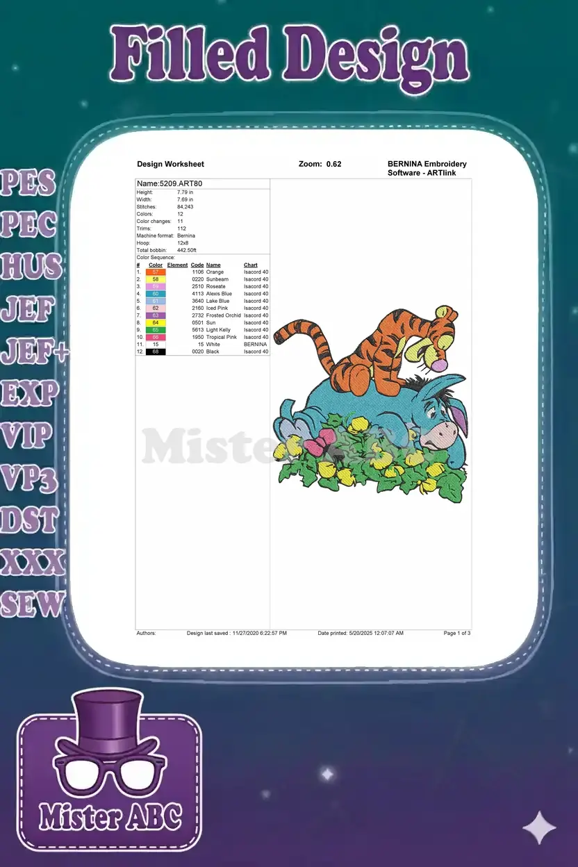 Embroidery design worksheet for Tigger and Eeyore, showing dimensions, stitch count, color sequence, and thread chart.