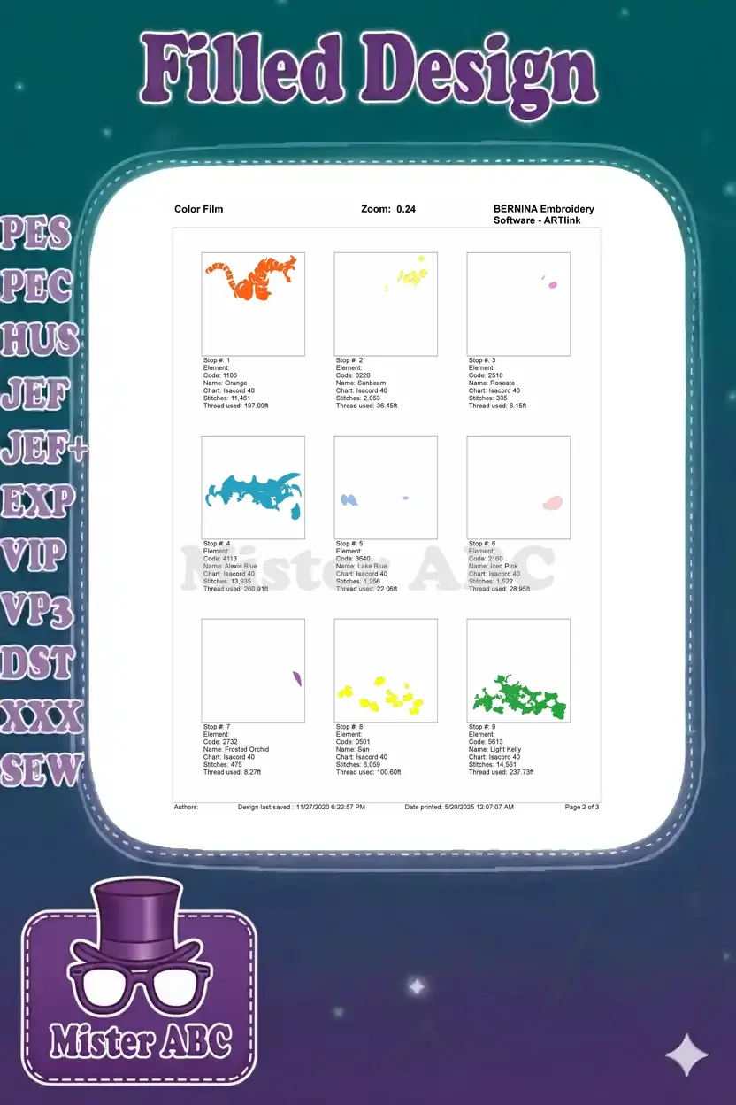 First part of the embroidery color film, showing individual stitch stops for Tigger's orange fur and Eeyore's blue body.