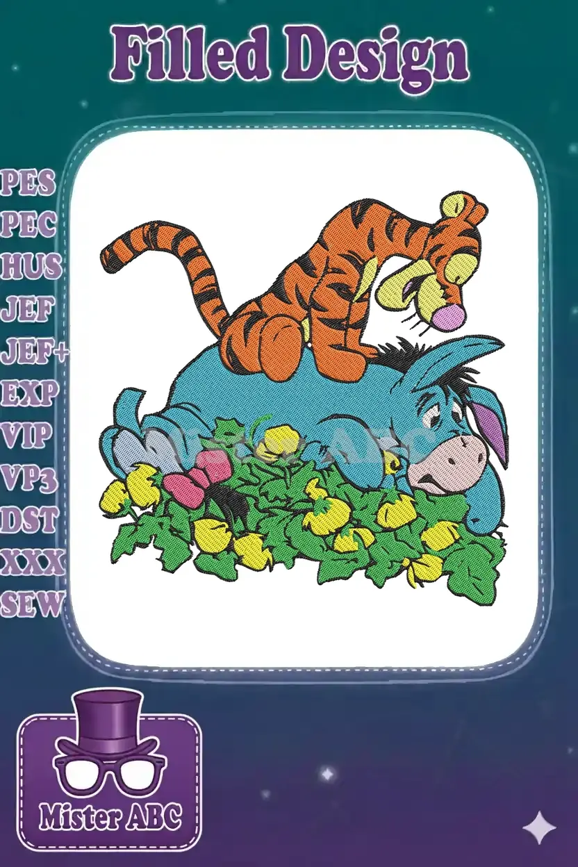 Tigger playfully resting on Eeyore's back, surrounded by colorful flowers in a detailed embroidery design.