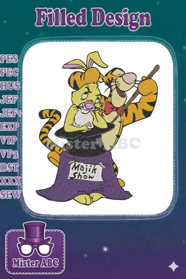 A vibrant embroidery design of Tigger from Winnie the Pooh, dressed as a magician, pulling a rabbit from a hat.