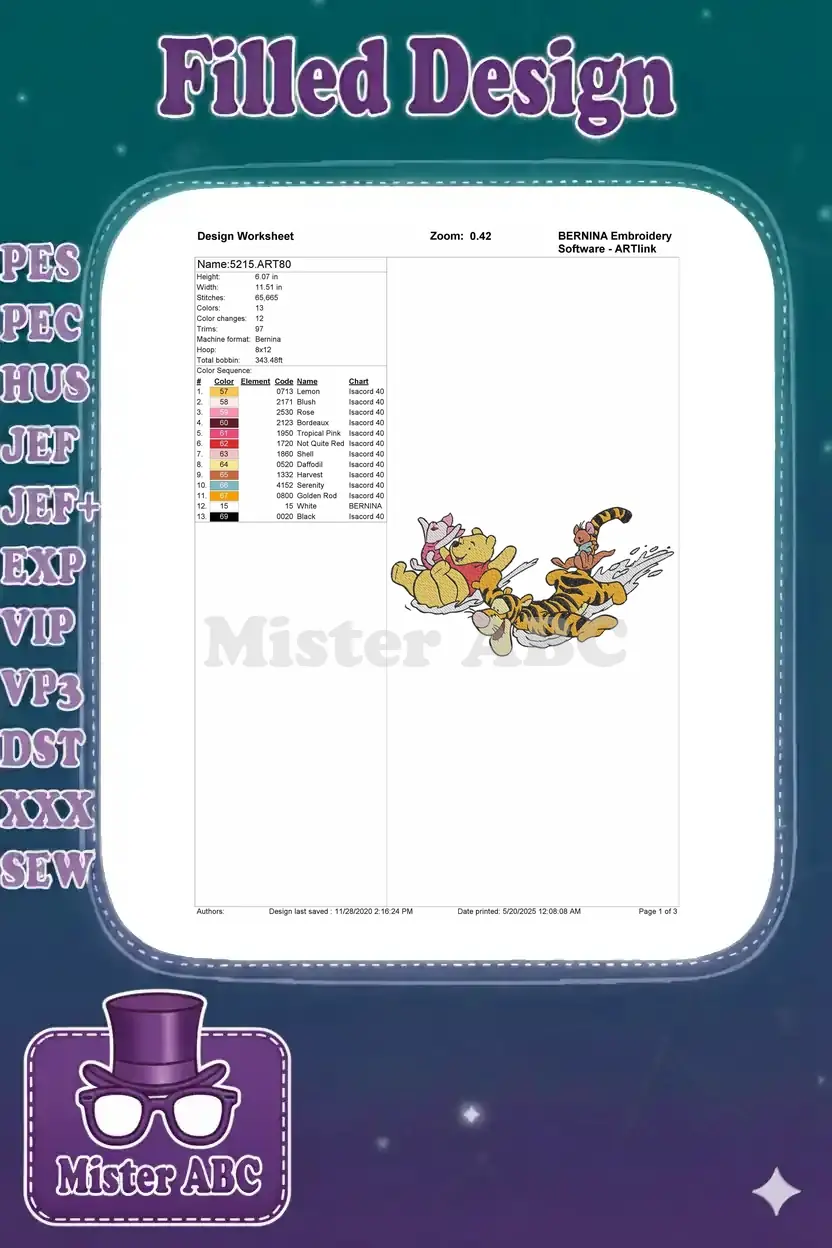 Embroidery design worksheet for '5215.ART80' detailing dimensions, stitch count, color changes, and thread chart.