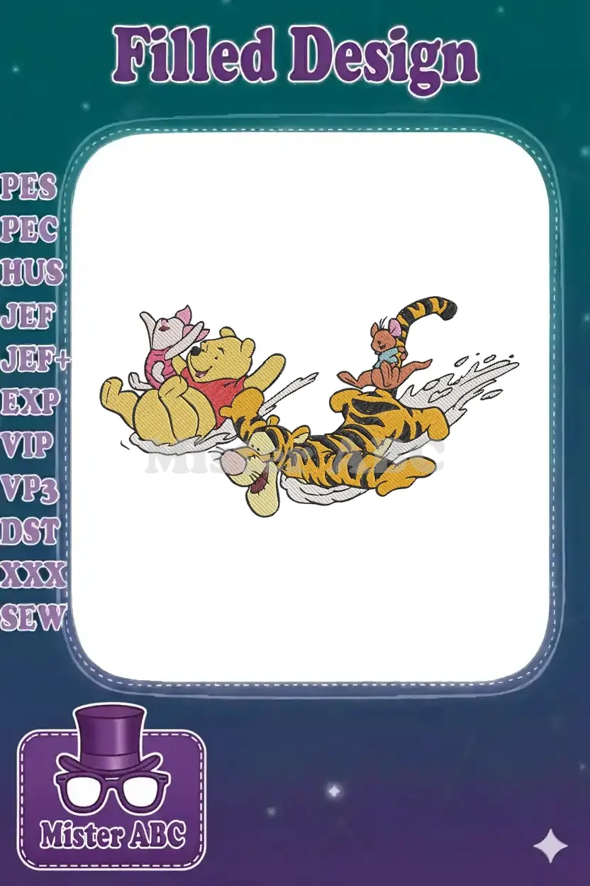 Winnie the Pooh, Tigger, Piglet, and Roo happily sliding together in a vibrant, machine embroidery design.