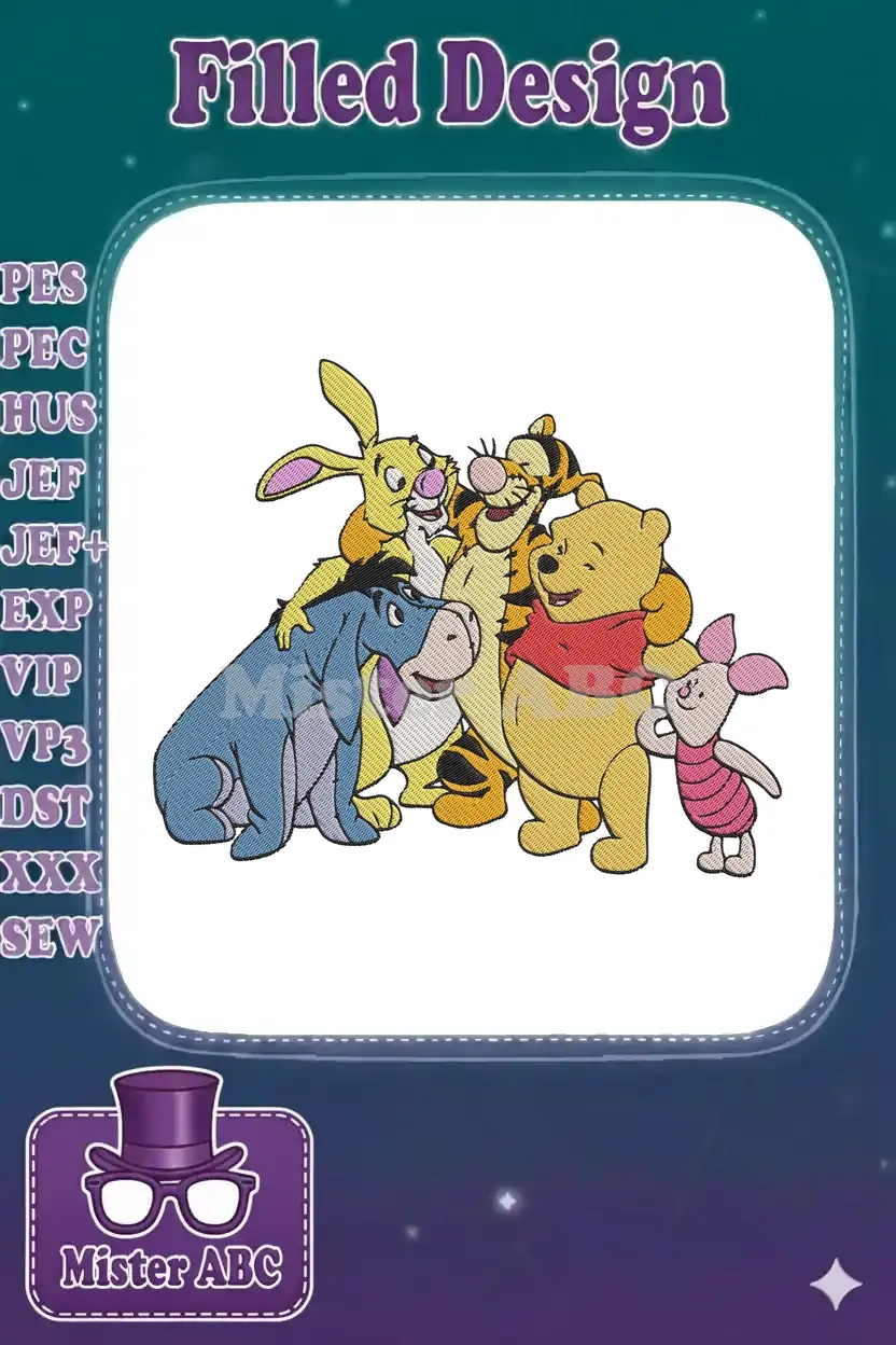 Vibrant embroidery design featuring Winnie the Pooh, Tigger, Eeyore, Piglet, and Rabbit, celebrating friendship.