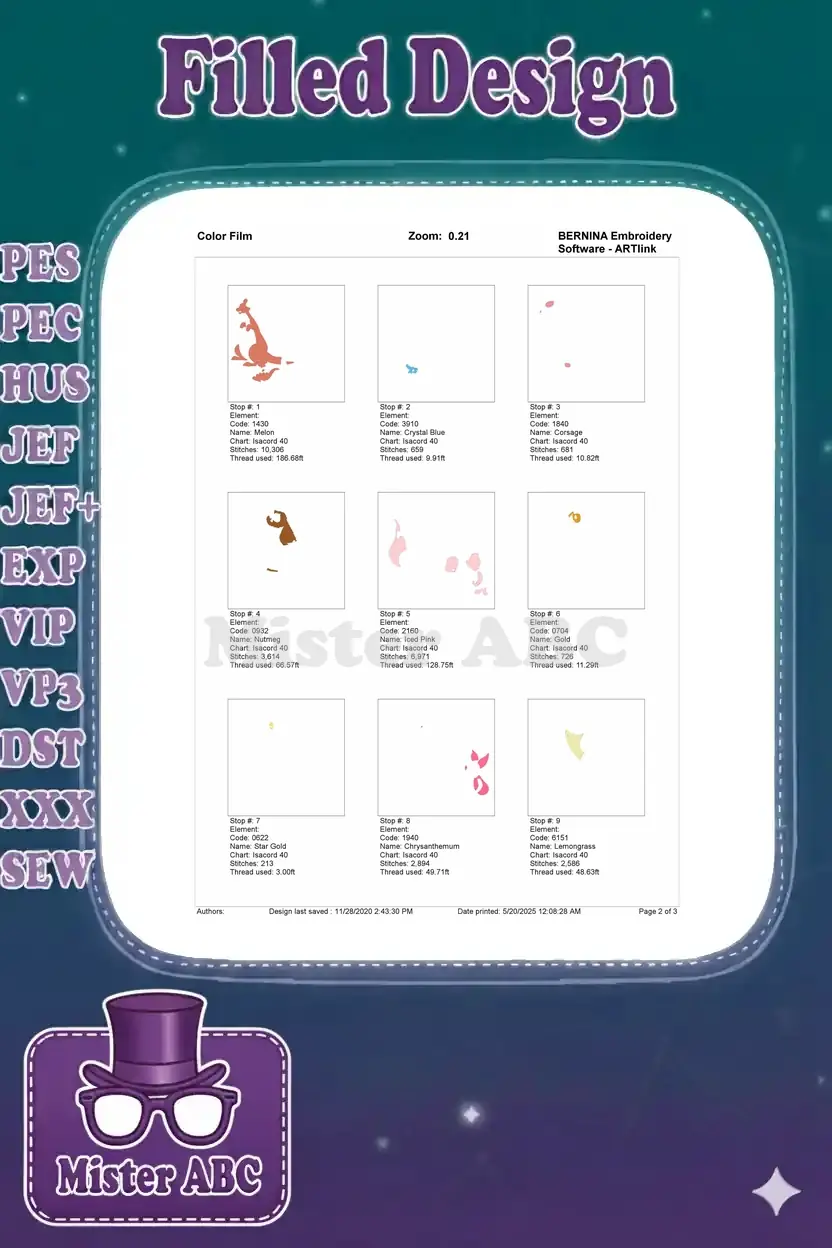 First page of the embroidery color film, illustrating the initial stitch stops and thread usage for the design.
