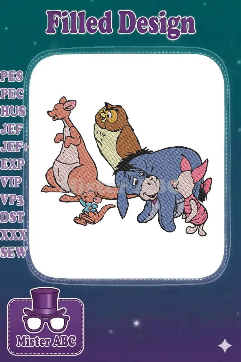 Detailed view of an embroidery design featuring Winnie the Pooh characters: Kanga with Roo, Owl, Eeyore, and Piglet.