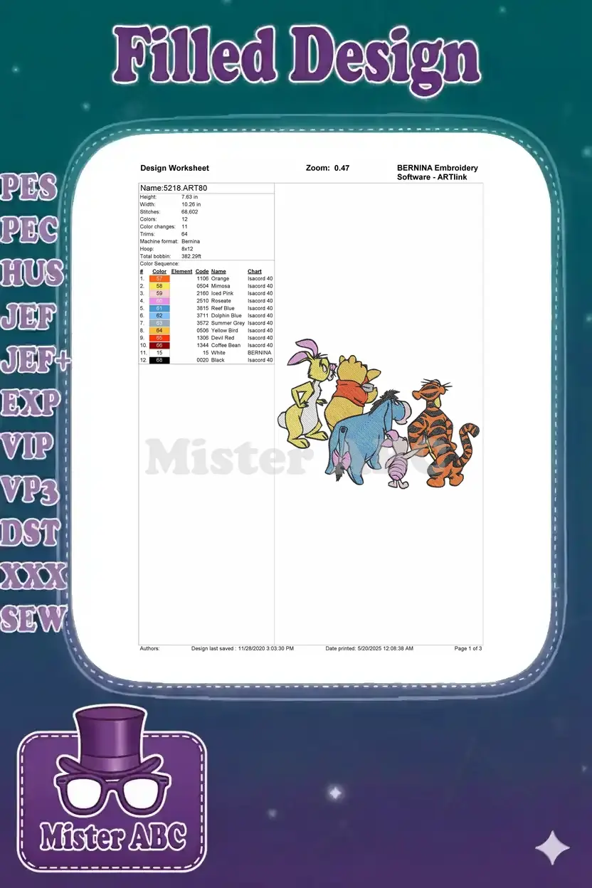 A detailed embroidery design worksheet showing specifications like dimensions, stitch count, and color sequence.