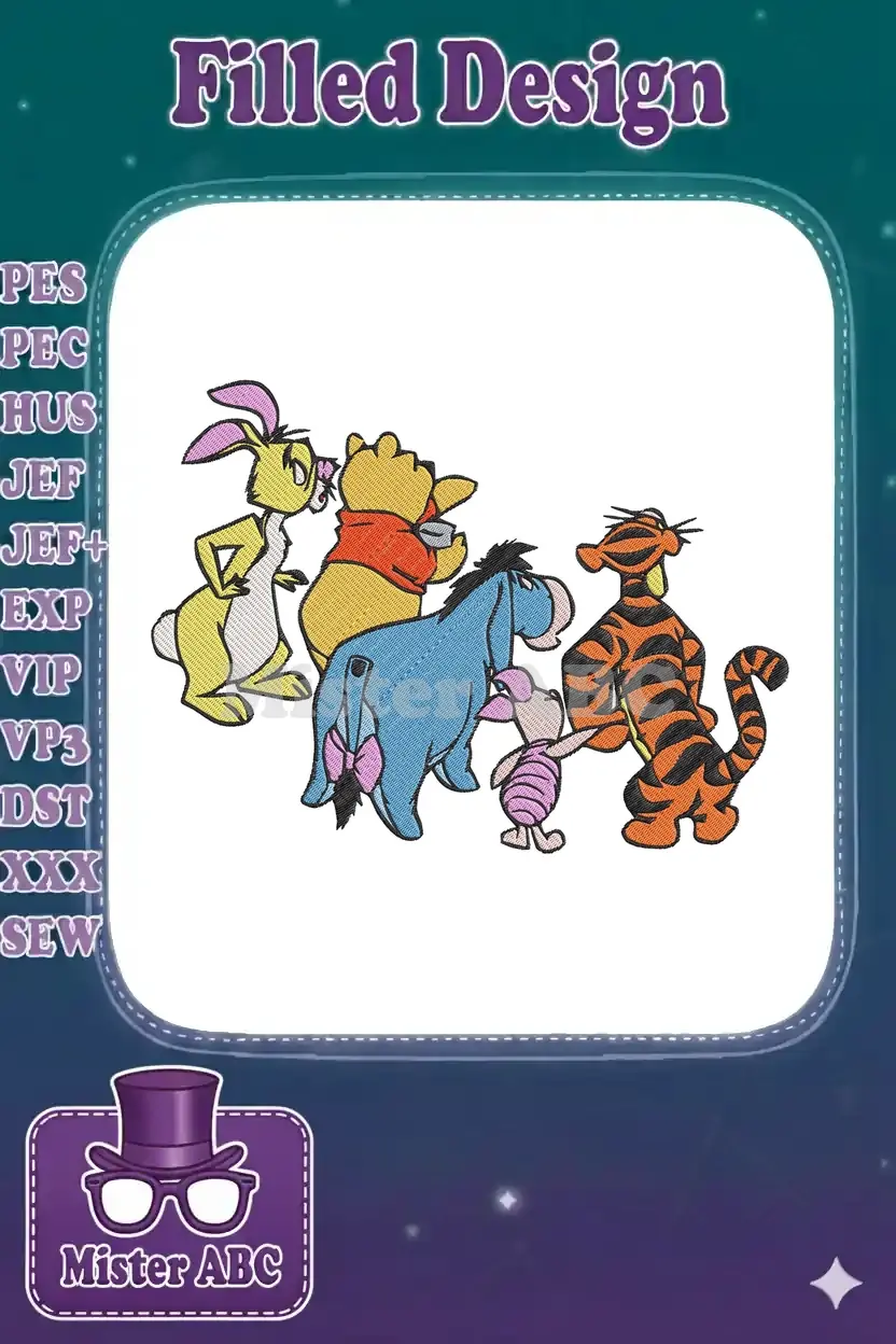A colorful embroidery design featuring Winnie the Pooh, Tigger, Eeyore, Piglet, and Rabbit, full of character.