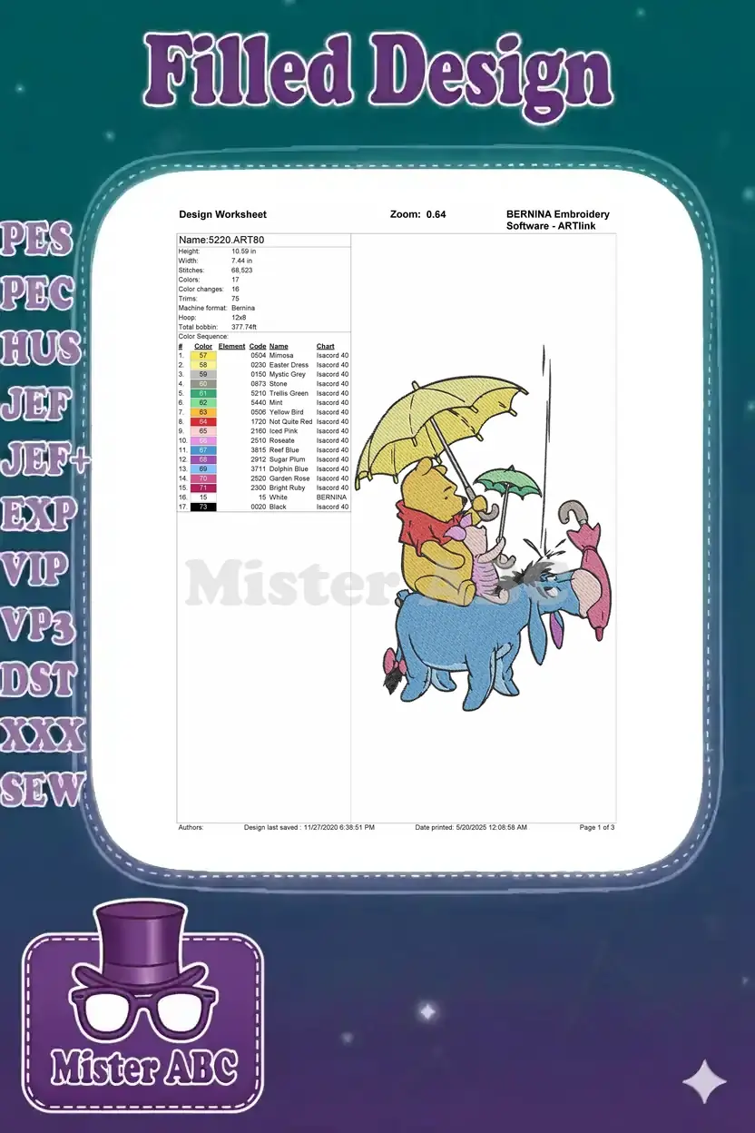 Embroidery design worksheet showing technical details, color chart, and a small preview of the design.