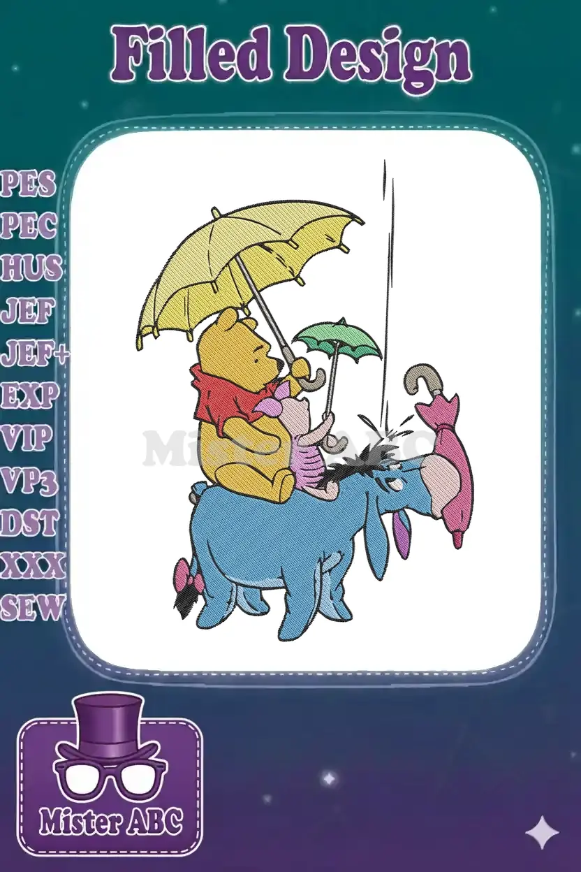 Winnie the Pooh, Piglet, and Eeyore embroidery design, with Pooh and Piglet holding umbrellas.