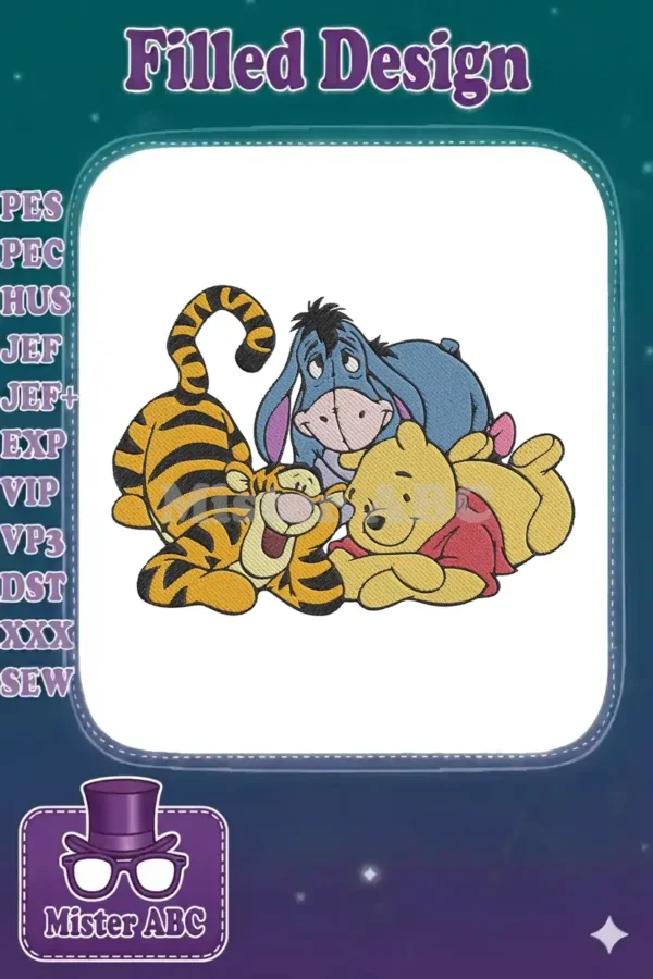 Colorful embroidery design featuring Winnie the Pooh, Tigger, and Eeyore, perfect for children's apparel.