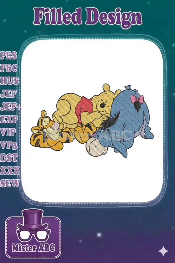 Winnie the Pooh, Tigger, and Eeyore sleeping together in a heartwarming embroidery design, full of detail.