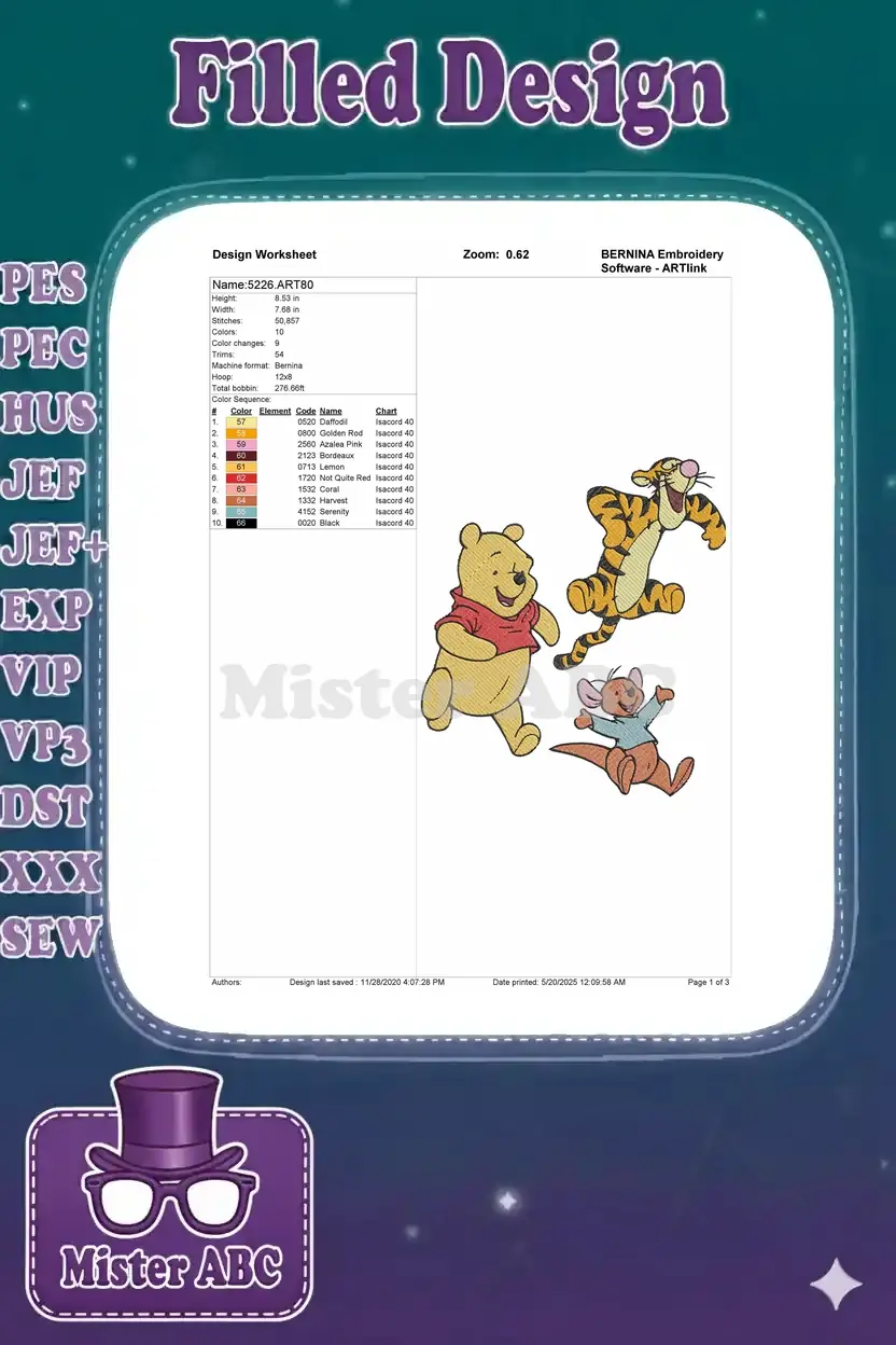 Embroidery design worksheet for Winnie the Pooh, Tigger, and Roo, detailing dimensions, colors, and stitch count.