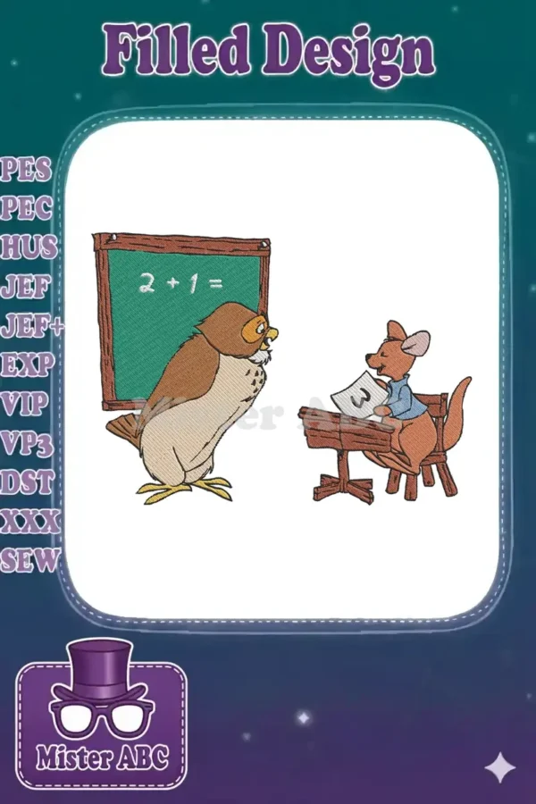 Delightful embroidery of Owl teaching Roo from Winnie the Pooh, perfect for children's educational projects and decor. A classic learning scene.