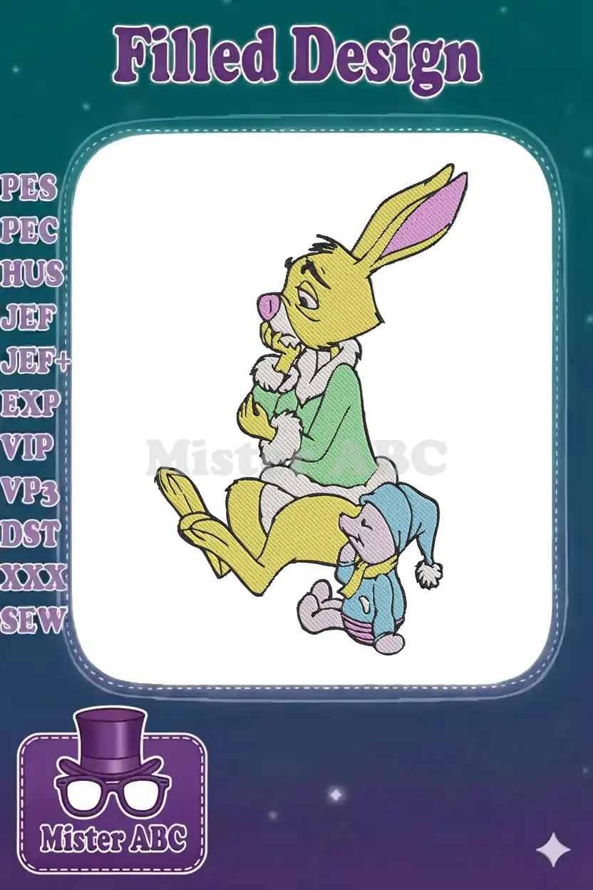 An adorable embroidery design of Rabbit sitting with a small, bundled-up Piglet plush toy beside him.