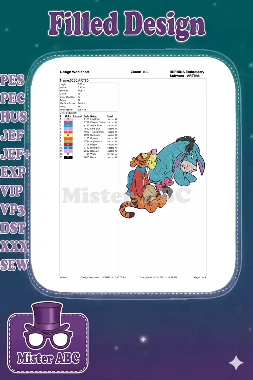 An embroidery design worksheet detailing Tigger and Eeyore's design specifications: dimensions, stitch count, color chart, and thread information.